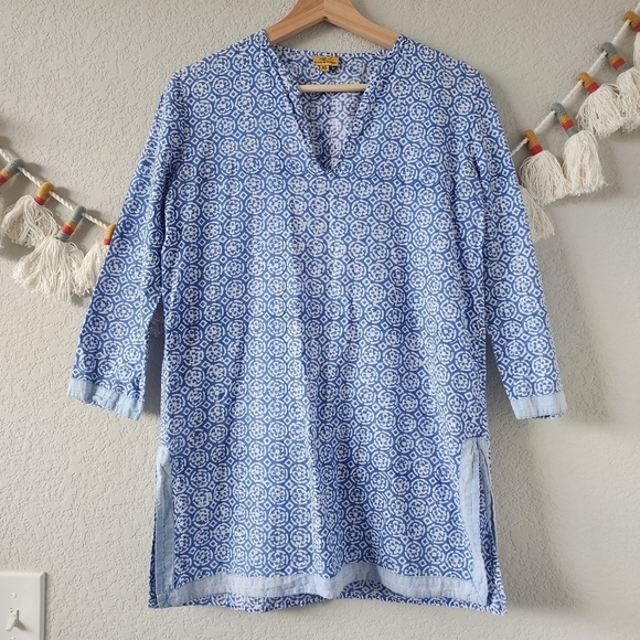 Roller Rabbit Amanda Geometric Printed Popover V-neck Tunic Top Blue Boho XS - Picture 1 of 10